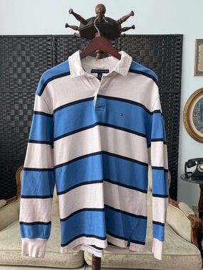 🔵 Tommy Hilfiger Rugby Shirt Blue White Stripe Long Sleeve Polo Fair Cond